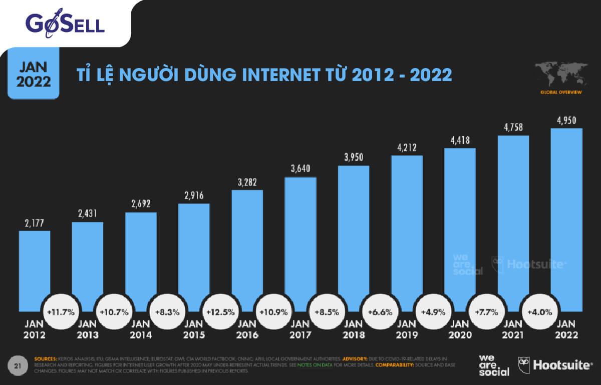 tỉ lệ người dùng internet từ 2012 - 2022