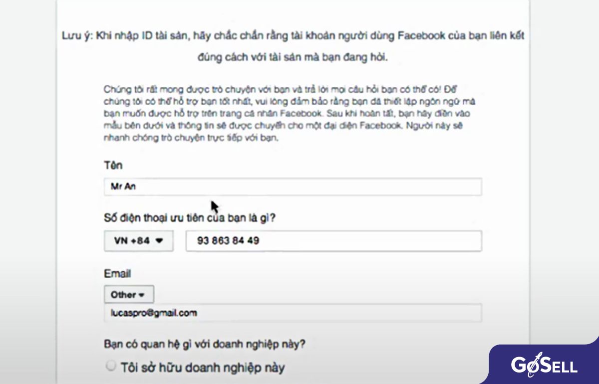 Chat thông qua Support Form của Facebook